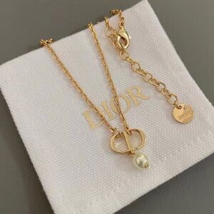 Dior Gold-Tone CD Logo Necklace with Pearl Drop